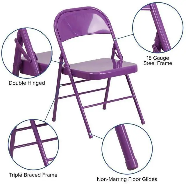 Alt view image 14 of 17 - 2 Pack HERCULES COLORBURST Series Impulsive Purple Triple Braced & Double Hinged Metal Folding Chair