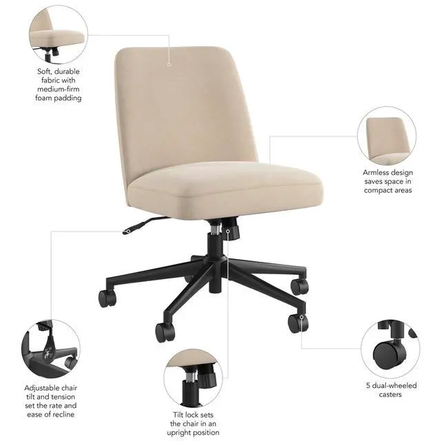 Alt view image 6 of 7 - Bush Furniture Serenity Mid Back Armless Office Chair with Wheels in Soft Beige Fabric, Workspace Seating Solution for Small Computer Desk