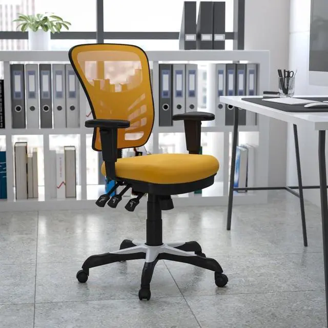 Alt view image 16 of 20 - Mid-Back Yellow-Orange Mesh Multifunction Executive Swivel Ergonomic Office Chair with Adjustable Arms