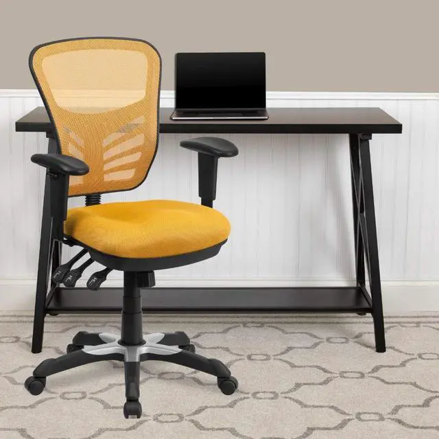 Alt view image 18 of 20 - Mid-Back Yellow-Orange Mesh Multifunction Executive Swivel Ergonomic Office Chair with Adjustable Arms