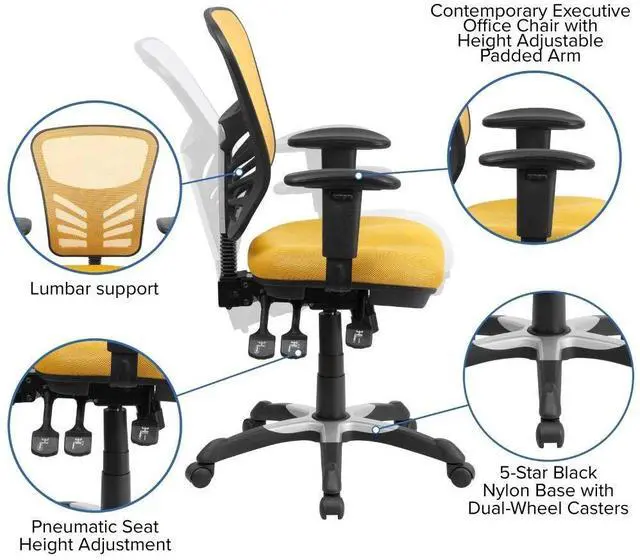 Alt view image 20 of 20 - Mid-Back Yellow-Orange Mesh Multifunction Executive Swivel Ergonomic Office Chair with Adjustable Arms