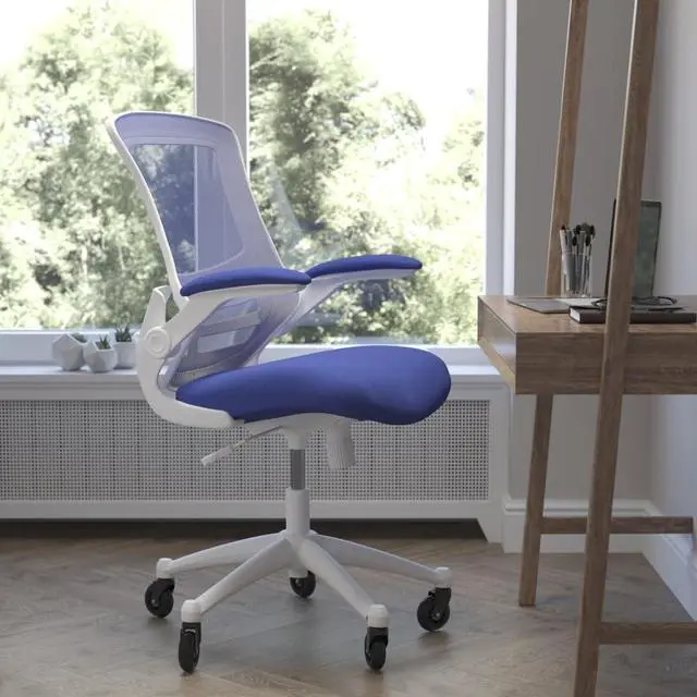 Alt view image 17 of 20 - Kelista Mid-Back Blue Mesh Swivel Ergonomic Task Office Chair with White Frame, Flip-Up Arms, and Transparent Roller Wheels