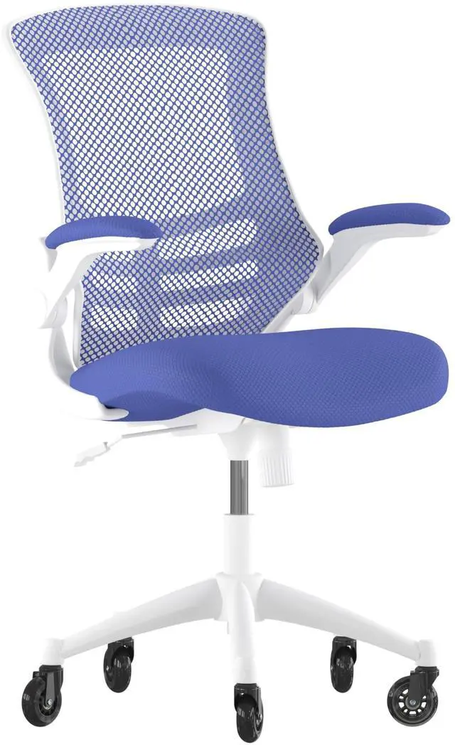 Alt view image 18 of 20 - Kelista Mid-Back Blue Mesh Swivel Ergonomic Task Office Chair with White Frame, Flip-Up Arms, and Transparent Roller Wheels