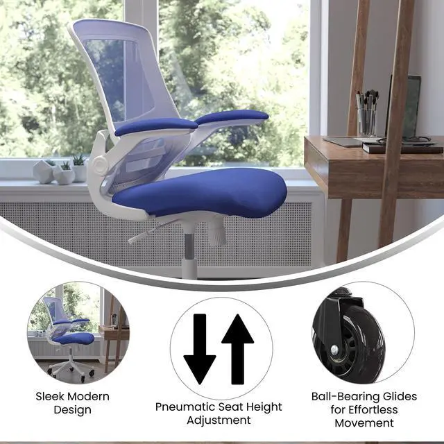 Alt view image 20 of 20 - Kelista Mid-Back Blue Mesh Swivel Ergonomic Task Office Chair with White Frame, Flip-Up Arms, and Transparent Roller Wheels