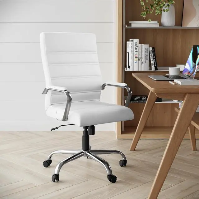 Alt view image 2 of 7 - Whitney High-Back Swivel LeatherSoft Desk Chair with Padded Seat and Armrests, Adjustable Height Padded Office Chair, White/Chrome