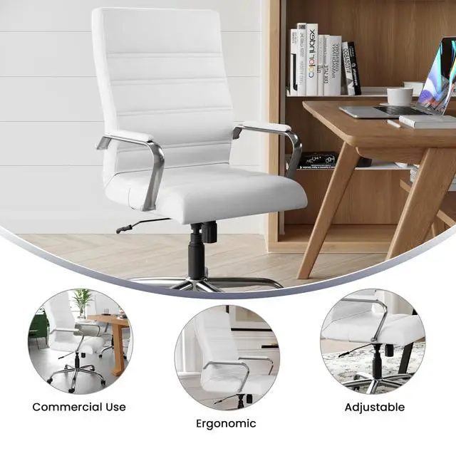 Alt view image 3 of 7 - Whitney High-Back Swivel LeatherSoft Desk Chair with Padded Seat and Armrests, Adjustable Height Padded Office Chair, White/Chrome