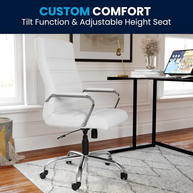 Alt view image 5 of 7 - Whitney High-Back Swivel LeatherSoft Desk Chair with Padded Seat and Armrests, Adjustable Height Padded Office Chair, White/Chrome
