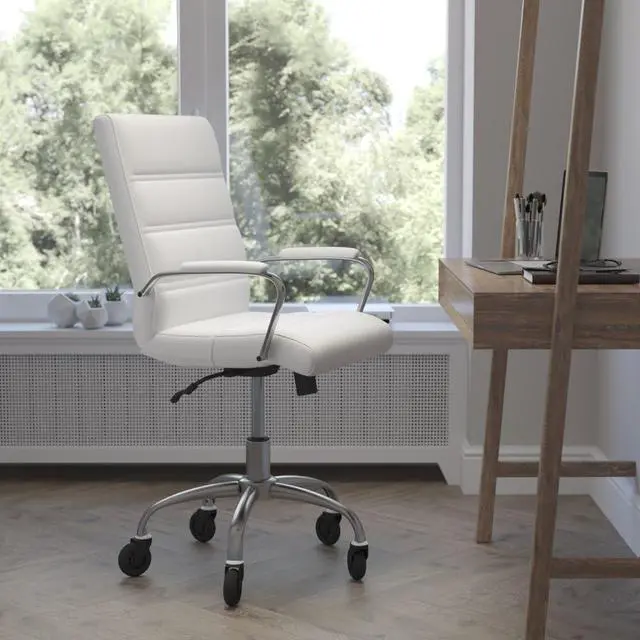 Alt view image 16 of 20 - Camilia Mid-Back White LeatherSoft Executive Swivel Office Chair with Chrome Frame, Arms, and Transparent Roller Wheels