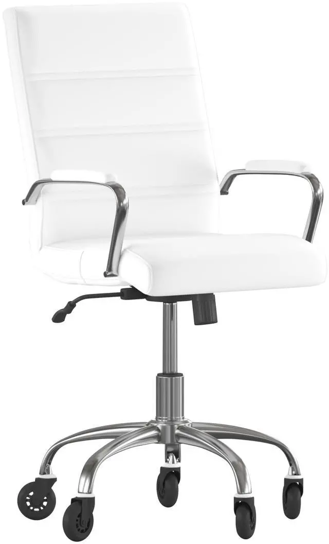 Alt view image 17 of 20 - Camilia Mid-Back White LeatherSoft Executive Swivel Office Chair with Chrome Frame, Arms, and Transparent Roller Wheels