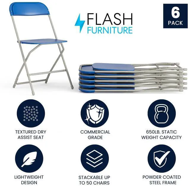 Alt view image 10 of 14 - Flash Furniture Plastic Folding Chair Blue Set of 6 (6LEL3BLUE)