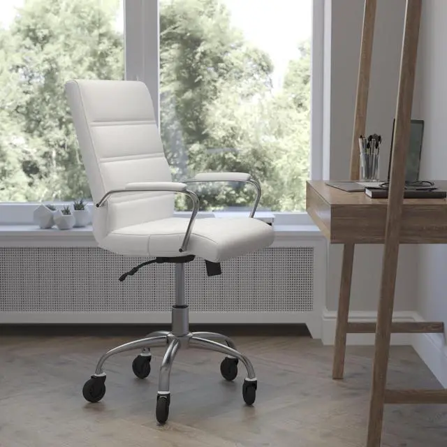 Alt view image 18 of 20 - Camilia Mid-Back White LeatherSoft Executive Swivel Office Chair with Chrome Frame, Arms, and Transparent Roller Wheels