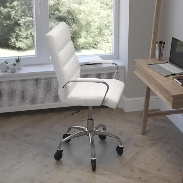 Alt view image 20 of 20 - Camilia Mid-Back White LeatherSoft Executive Swivel Office Chair with Chrome Frame, Arms, and Transparent Roller Wheels
