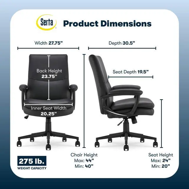 Alt view image 3 of 7 - Serta Comfort Modern Executive Office Chair, Ergonomic Mid-Back Computer DeskChair, Semi Plush Cushion Seat, Double-Layer SertaQuality Foam, Padded Armrests, Metal Swivel Base, Bonded Leather, Black