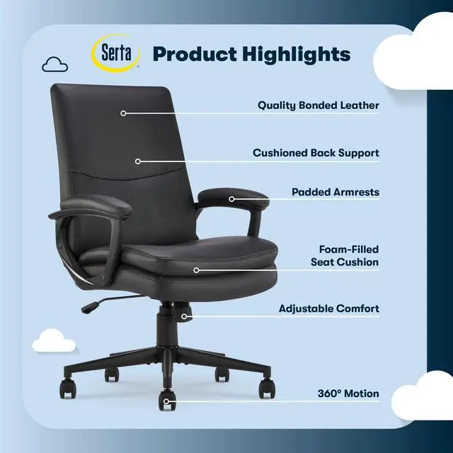 Alt view image 4 of 7 - Serta Comfort Modern Executive Office Chair, Ergonomic Mid-Back Computer DeskChair, Semi Plush Cushion Seat, Double-Layer SertaQuality Foam, Padded Armrests, Metal Swivel Base, Bonded Leather, Black