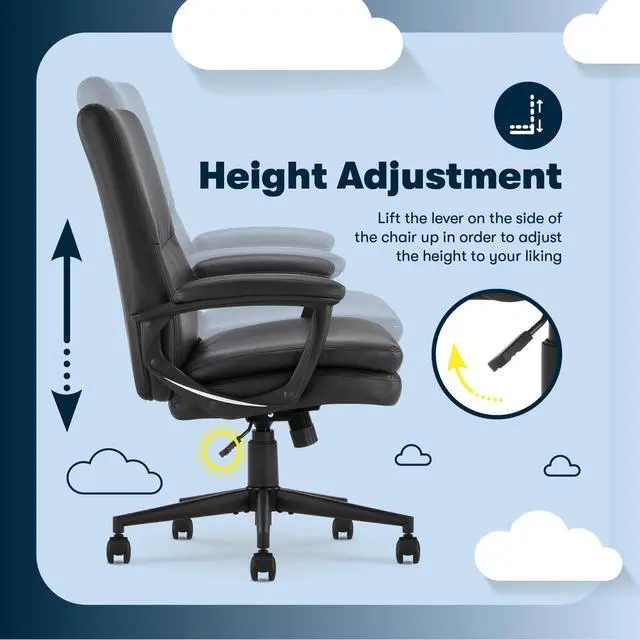 Alt view image 7 of 7 - Serta Comfort Modern Executive Office Chair, Ergonomic Mid-Back Computer DeskChair, Semi Plush Cushion Seat, Double-Layer SertaQuality Foam, Padded Armrests, Metal Swivel Base, Bonded Leather, Black