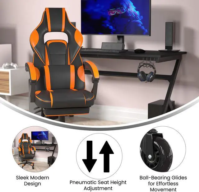 Alt view image 20 of 20 - Flash Furniture X40 Ergonomic LeatherSoft Swivel Gaming Massaging Chair with Transparent Wheels Black/Orange (CH00288ORRLB)