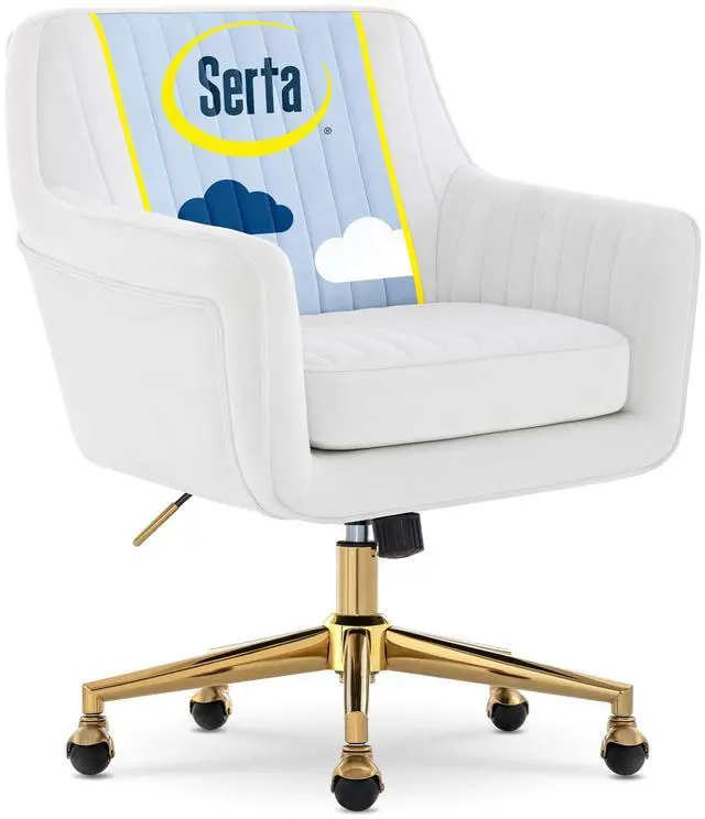 Alt view image 2 of 7 - Serta Ashleigh Modern Office Chair, Channel-Tufted Design, Pocket Coil Seat Cushion, Stylish Mid-Century Accent Armchair, Women's Vanity or MakeupChair, Polished Gold Swivel Base, White Velvet Fabric