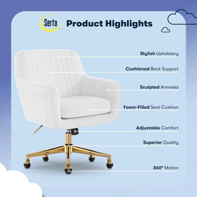 Alt view image 4 of 7 - Serta Ashleigh Modern Office Chair, Channel-Tufted Design, Pocket Coil Seat Cushion, Stylish Mid-Century Accent Armchair, Women's Vanity or MakeupChair, Polished Gold Swivel Base, White Velvet Fabric