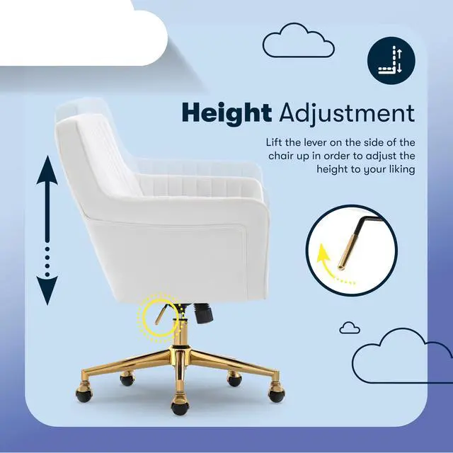 Alt view image 7 of 7 - Serta Ashleigh Modern Office Chair, Channel-Tufted Design, Pocket Coil Seat Cushion, Stylish Mid-Century Accent Armchair, Women's Vanity or MakeupChair, Polished Gold Swivel Base, White Velvet Fabric