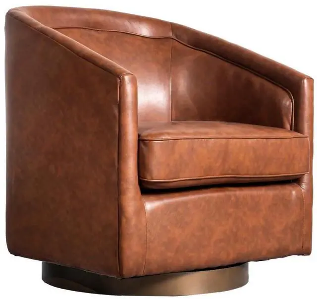 Main image of Flash Furniture Dean Upholstered Barrel Chair, Commercial 360° Swivel Club Style Chair, Sloped Armrests, Brushed Metallic Vinyl Wrapped Metal Base, Brown LeatherSoft