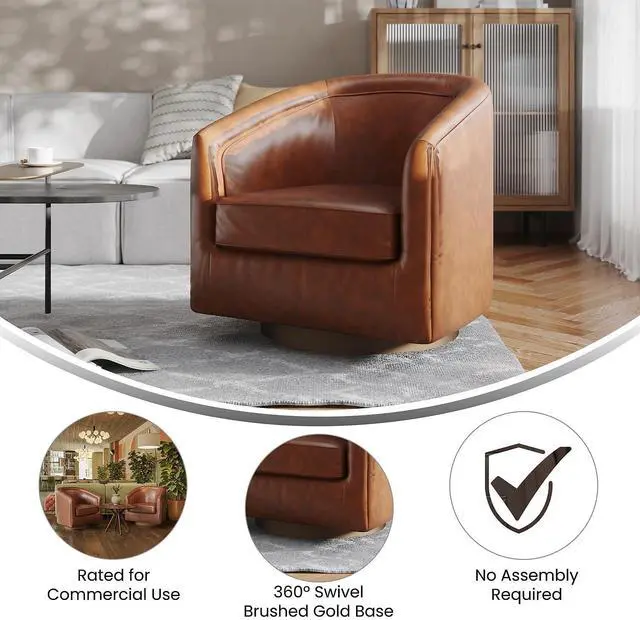 Alt view image 4 of 7 - Flash Furniture Dean Upholstered Barrel Chair, Commercial 360° Swivel Club Style Chair, Sloped Armrests, Brushed Metallic Vinyl Wrapped Metal Base, Brown LeatherSoft