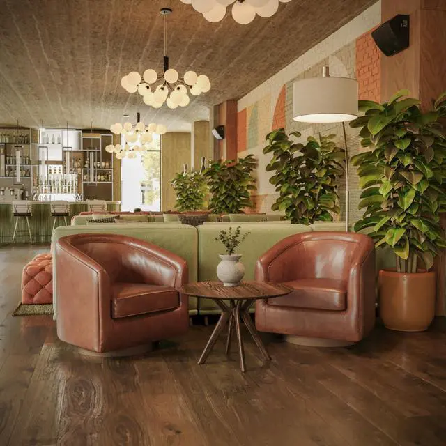 Alt view image 3 of 7 - Flash Furniture Dean Upholstered Barrel Chair, Commercial 360° Swivel Club Style Chair, Sloped Armrests, Brushed Metallic Vinyl Wrapped Metal Base, Brown LeatherSoft