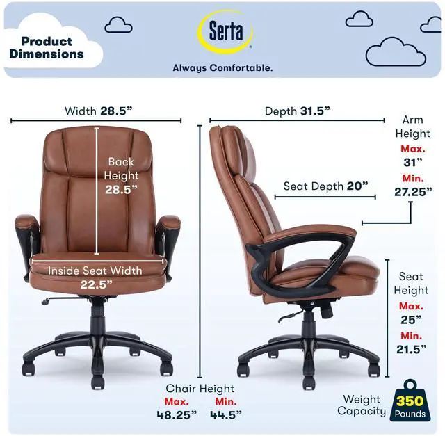 Alt view image 4 of 7 - Serta Fairbanks Big and Tall High Back Executive Office Chair, Ergonomic Gaming Computer Chair with Layered Body Pillows, Contoured Lumbar Zone, Cognac