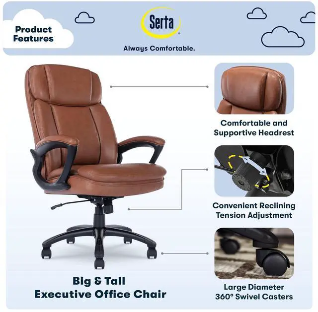 Alt view image 3 of 7 - Serta Fairbanks Big and Tall High Back Executive Office Chair, Ergonomic Gaming Computer Chair with Layered Body Pillows, Contoured Lumbar Zone, Cognac