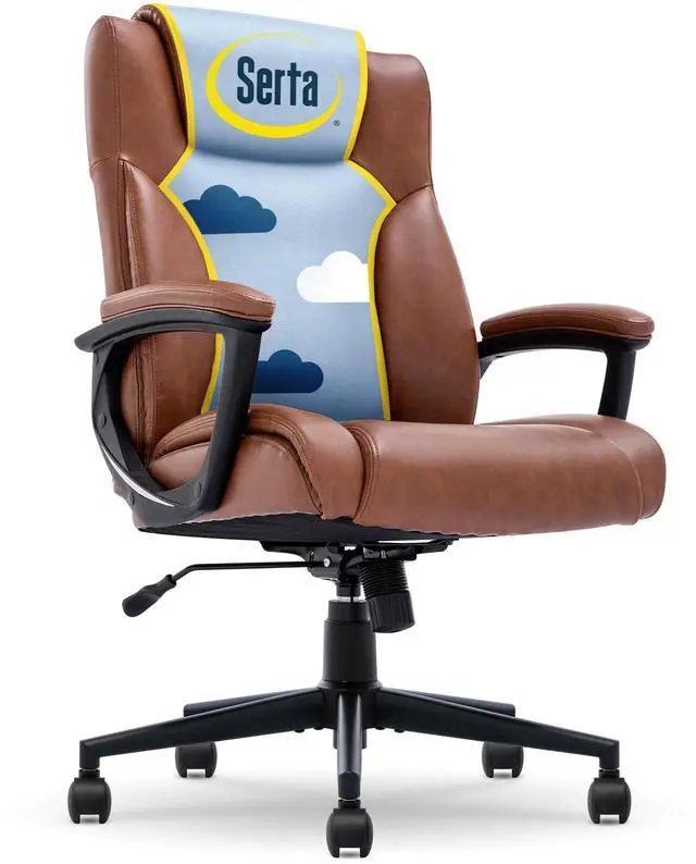 Alt view image 2 of 7 - Serta Connor Executive Office Chair, Ergonomic Computer Chair with Layered Body Pillows, Contoured Lumbar, Adjustable Seat Height, Bonded Leather, Cognac