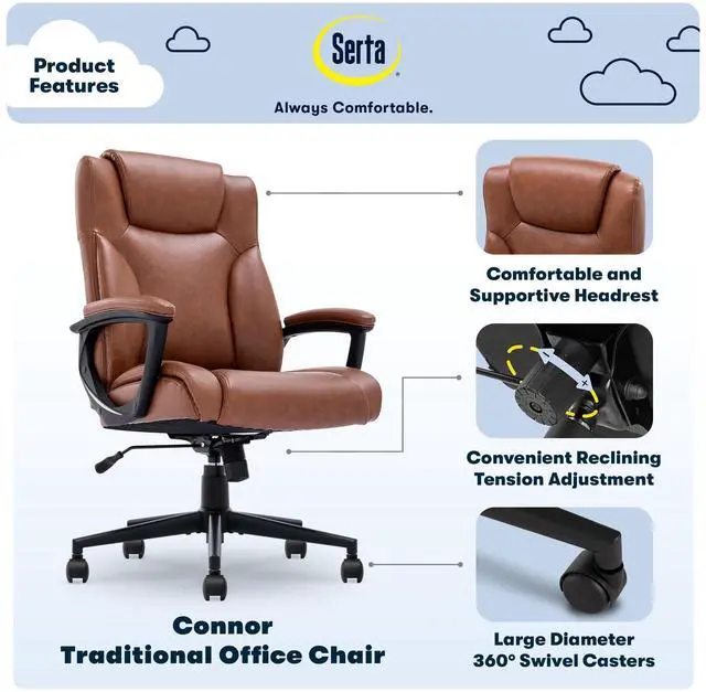 Alt view image 3 of 7 - Serta Connor Executive Office Chair, Ergonomic Computer Chair with Layered Body Pillows, Contoured Lumbar, Adjustable Seat Height, Bonded Leather, Cognac