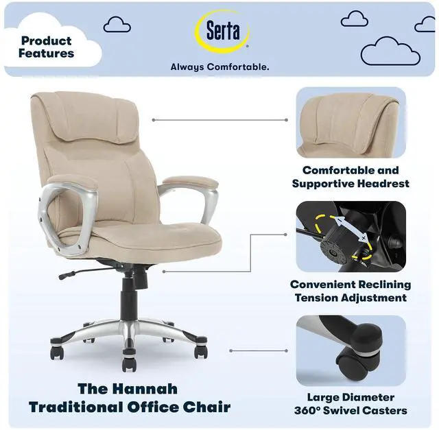 Alt view image 3 of 7 - Serta Hannah Executive Home Office Desk Chair, Ergonomic Mid-Back with Lumbar Support, Firm Seat Cushion, Layered Body Pillows, Padded Armrests, Swivel Base, Easy Assembly, Microfiber, Tan