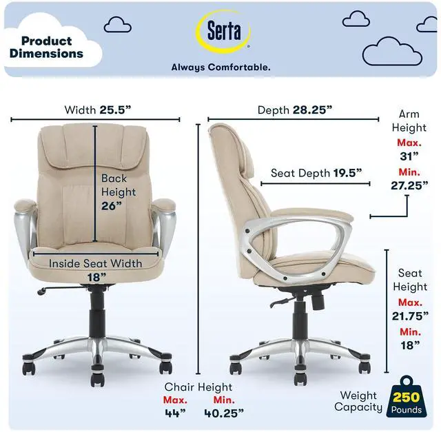 Alt view image 4 of 7 - Serta Hannah Executive Home Office Desk Chair, Ergonomic Mid-Back with Lumbar Support, Firm Seat Cushion, Layered Body Pillows, Padded Armrests, Swivel Base, Easy Assembly, Microfiber, Tan