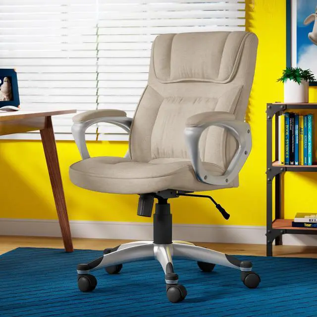 Alt view image 5 of 7 - Serta Hannah Executive Home Office Desk Chair, Ergonomic Mid-Back with Lumbar Support, Firm Seat Cushion, Layered Body Pillows, Padded Armrests, Swivel Base, Easy Assembly, Microfiber, Tan