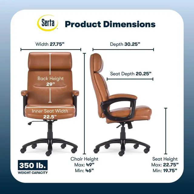 Alt view image 3 of 7 - Serta Comfort Executive Big & Tall Office Chair, Ergonomic High-Back Computer DeskChair, Semi Plush Cushion Seat, Soft Padded Armrests, SertaQuality Foam, Metal Swivel Base, Bonded Leather, Black