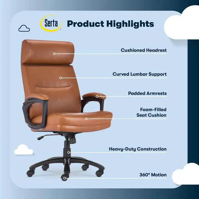 Alt view image 4 of 7 - Serta Comfort Executive Big & Tall Office Chair, Ergonomic High-Back Computer DeskChair, Semi Plush Cushion Seat, Soft Padded Armrests, SertaQuality Foam, Metal Swivel Base, Bonded Leather, Black