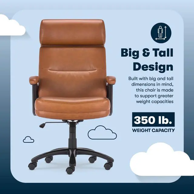 Alt view image 5 of 7 - Serta Comfort Executive Big & Tall Office Chair, Ergonomic High-Back Computer DeskChair, Semi Plush Cushion Seat, Soft Padded Armrests, SertaQuality Foam, Metal Swivel Base, Bonded Leather, Black