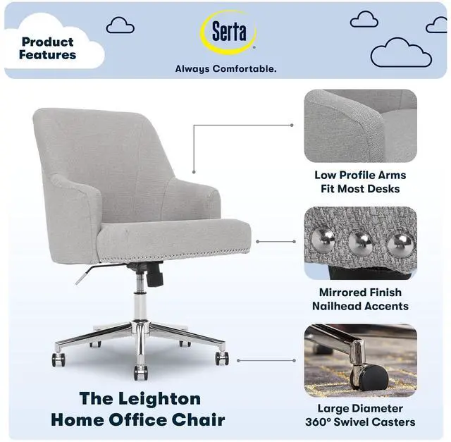 Alt view image 3 of 7 - Serta Leighton Home Office Memory Foam, Height-Adjustable Desk Accent Chair with Chrome-Finished Stainless-Steel Base, Light Gray