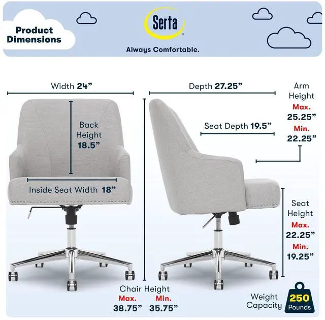 Alt view image 4 of 7 - Serta Leighton Home Office Memory Foam, Height-Adjustable Desk Accent Chair with Chrome-Finished Stainless-Steel Base, Light Gray