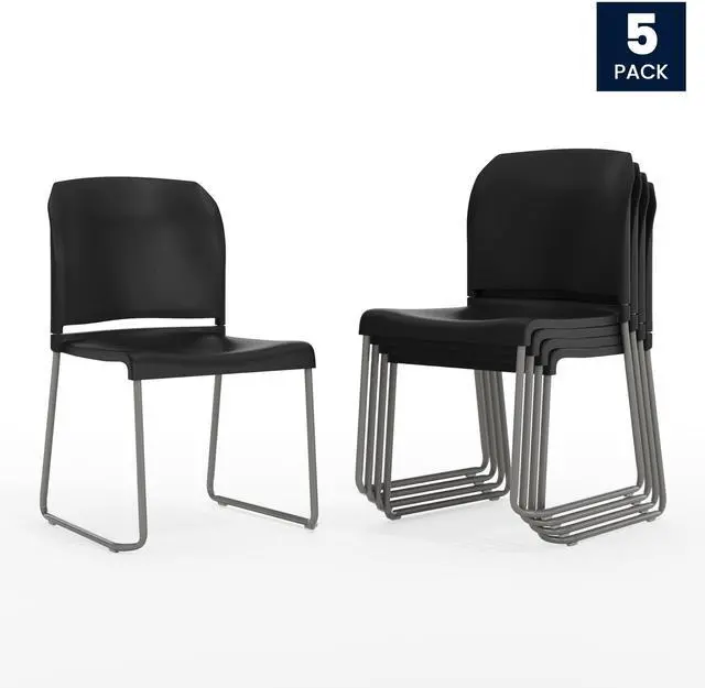 Alt view image 15 of 18 - Flash Furniture 5 Pack HERCULES Series 880 lb. Capacity Black Full Back Contoured Stack Chair with Gray Powder Coated Sled Base