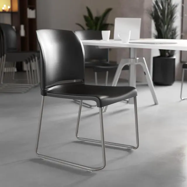 Alt view image 16 of 18 - Flash Furniture 5 Pack HERCULES Series 880 lb. Capacity Black Full Back Contoured Stack Chair with Gray Powder Coated Sled Base