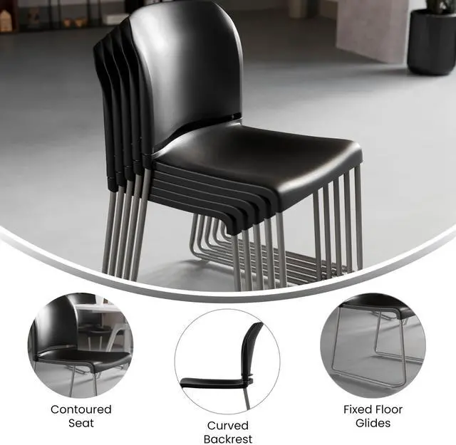 Alt view image 17 of 18 - Flash Furniture 5 Pack HERCULES Series 880 lb. Capacity Black Full Back Contoured Stack Chair with Gray Powder Coated Sled Base