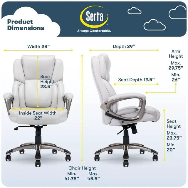 Alt view image 3 of 7 - Serta Garret Executive Office Chair, Ergonomic Mid-Back with Lumbar Support, Semi-Plush Cushion and Body Pillows, Padded Armrests, Swivel Base, Bonded Leather, White