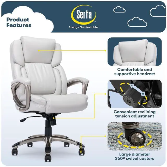 Alt view image 4 of 7 - Serta Garret Executive Office Chair, Ergonomic Mid-Back with Lumbar Support, Semi-Plush Cushion and Body Pillows, Padded Armrests, Swivel Base, Bonded Leather, White
