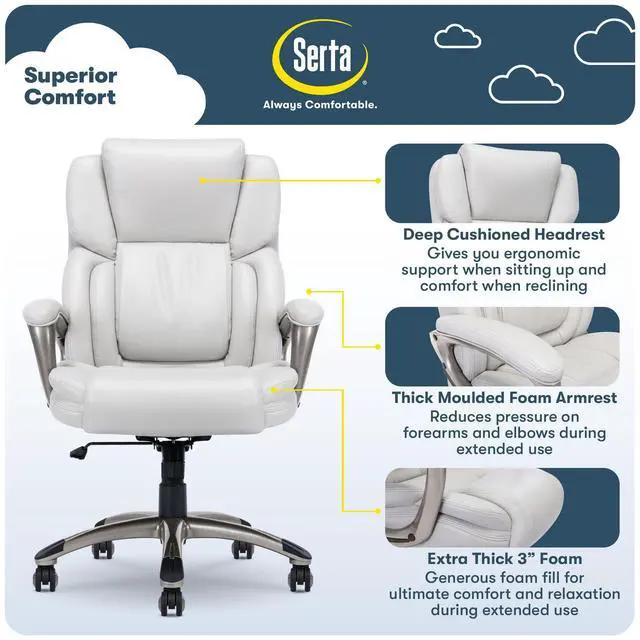 Alt view image 5 of 7 - Serta Garret Executive Office Chair, Ergonomic Mid-Back with Lumbar Support, Semi-Plush Cushion and Body Pillows, Padded Armrests, Swivel Base, Bonded Leather, White
