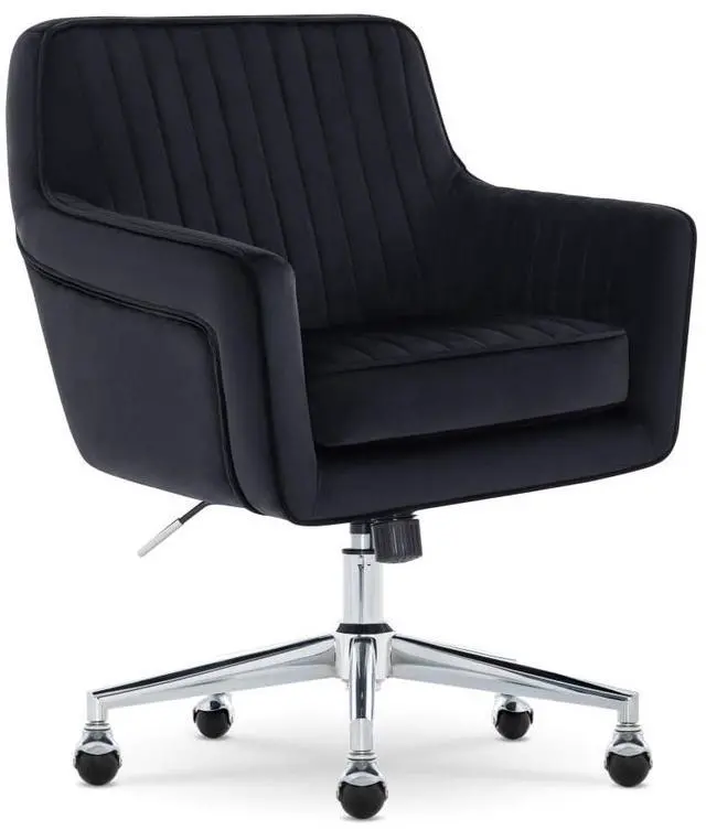 Main image of Serta Ashleigh Modern Office Chair, Channel-Tufted Design, Pocket Coil Seat Cushion, Stylish Mid-Century Accent Armchair, Women's Vanity or MakeupChair, Chrome Swivel Base, Black Velvet Fabric