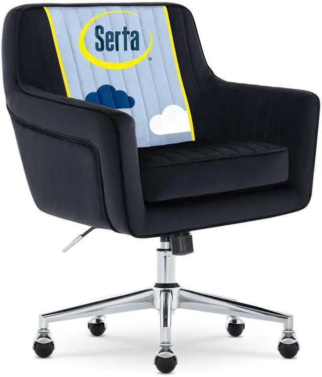 Alt view image 2 of 7 - Serta Ashleigh Modern Office Chair, Channel-Tufted Design, Pocket Coil Seat Cushion, Stylish Mid-Century Accent Armchair, Women's Vanity or MakeupChair, Chrome Swivel Base, Black Velvet Fabric