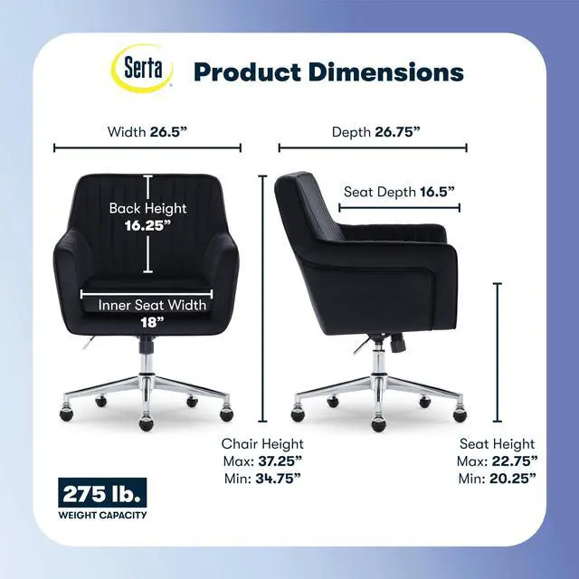 Alt view image 3 of 7 - Serta Ashleigh Modern Office Chair, Channel-Tufted Design, Pocket Coil Seat Cushion, Stylish Mid-Century Accent Armchair, Women's Vanity or MakeupChair, Chrome Swivel Base, Black Velvet Fabric