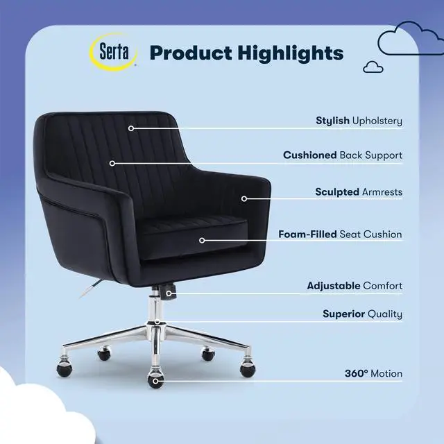 Alt view image 4 of 7 - Serta Ashleigh Modern Office Chair, Channel-Tufted Design, Pocket Coil Seat Cushion, Stylish Mid-Century Accent Armchair, Women's Vanity or MakeupChair, Chrome Swivel Base, Black Velvet Fabric