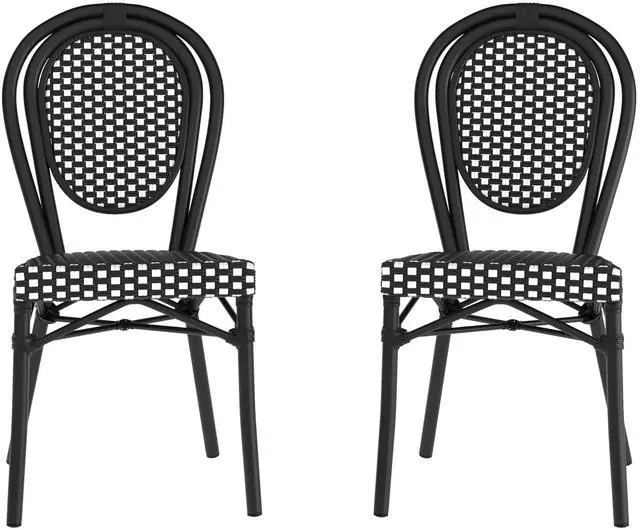 Alt view image 3 of 7 - Flash Furniture Lourdes Indoor/Outdoor Commercial Thonet Bistro Stack Chair - Black/White PE Rattan Back and Seat - Black Metal Frame - Set of 2