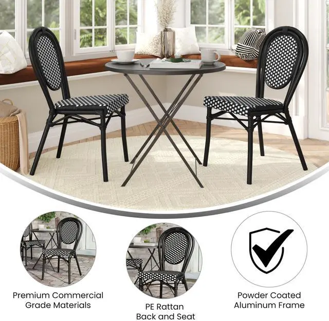 Alt view image 5 of 7 - Flash Furniture Lourdes Indoor/Outdoor Commercial Thonet Bistro Stack Chair - Black/White PE Rattan Back and Seat - Black Metal Frame - Set of 2